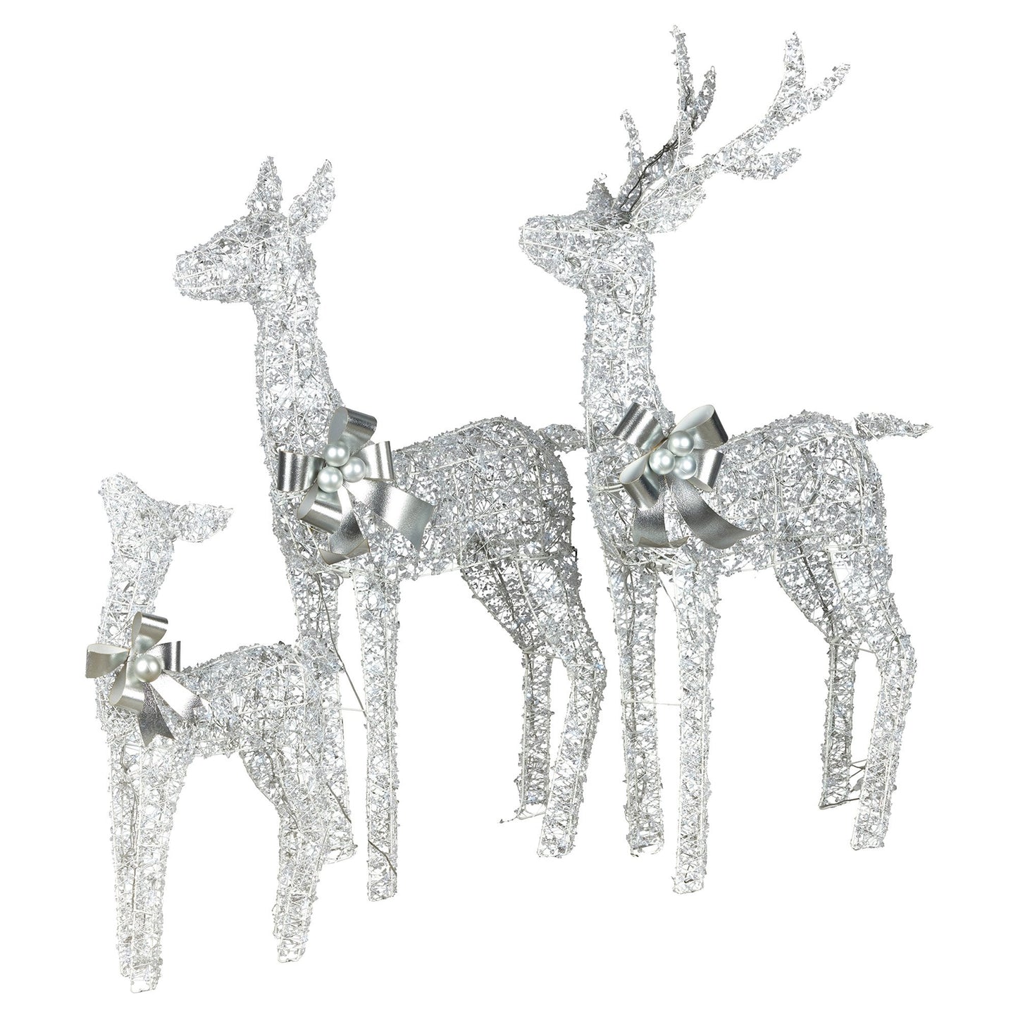 Christmas Reindeer Display Set 3 Indoor & Outdoor Decorations Acrylic Beads Cool White LED Lights Silver