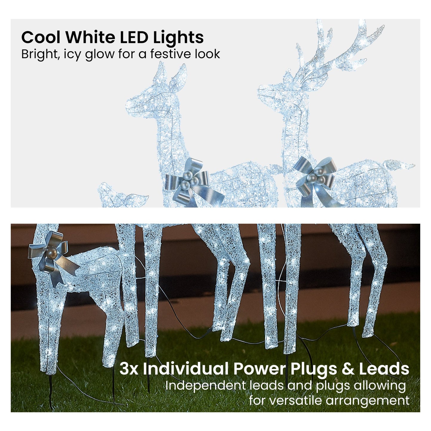 Christmas Reindeer Display Set 3 Indoor & Outdoor Decorations Acrylic Beads Cool White LED Lights Silver