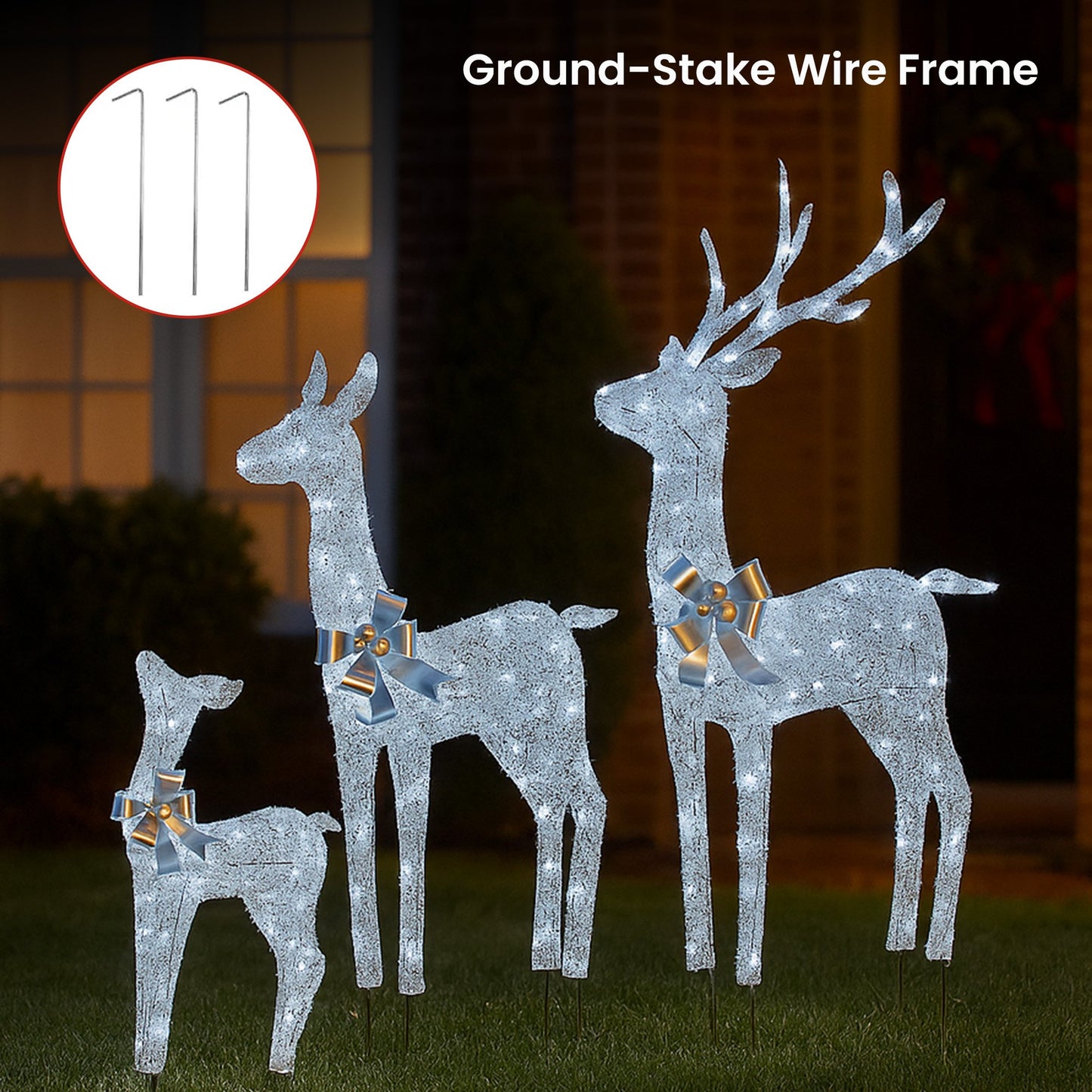 Christmas Reindeer Display Set 3 Indoor & Outdoor Decorations Acrylic Beads Cool White LED Lights Silver