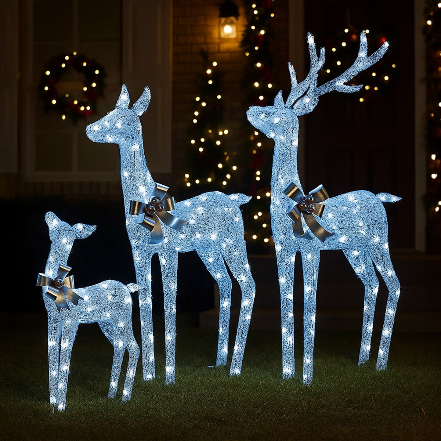 Christmas Reindeer Display Set 3 Indoor & Outdoor Decorations Acrylic Beads Cool White LED Lights Silver