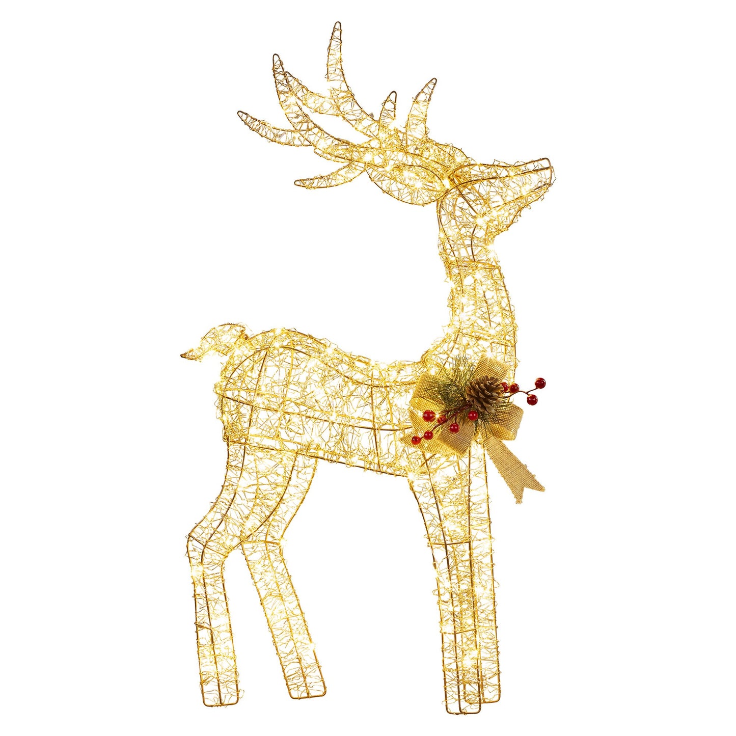 Light Up Christmas Reindeer Display Indoor & Outdoor Decoration Warm White LED Lights Gold Bow Wire Frame