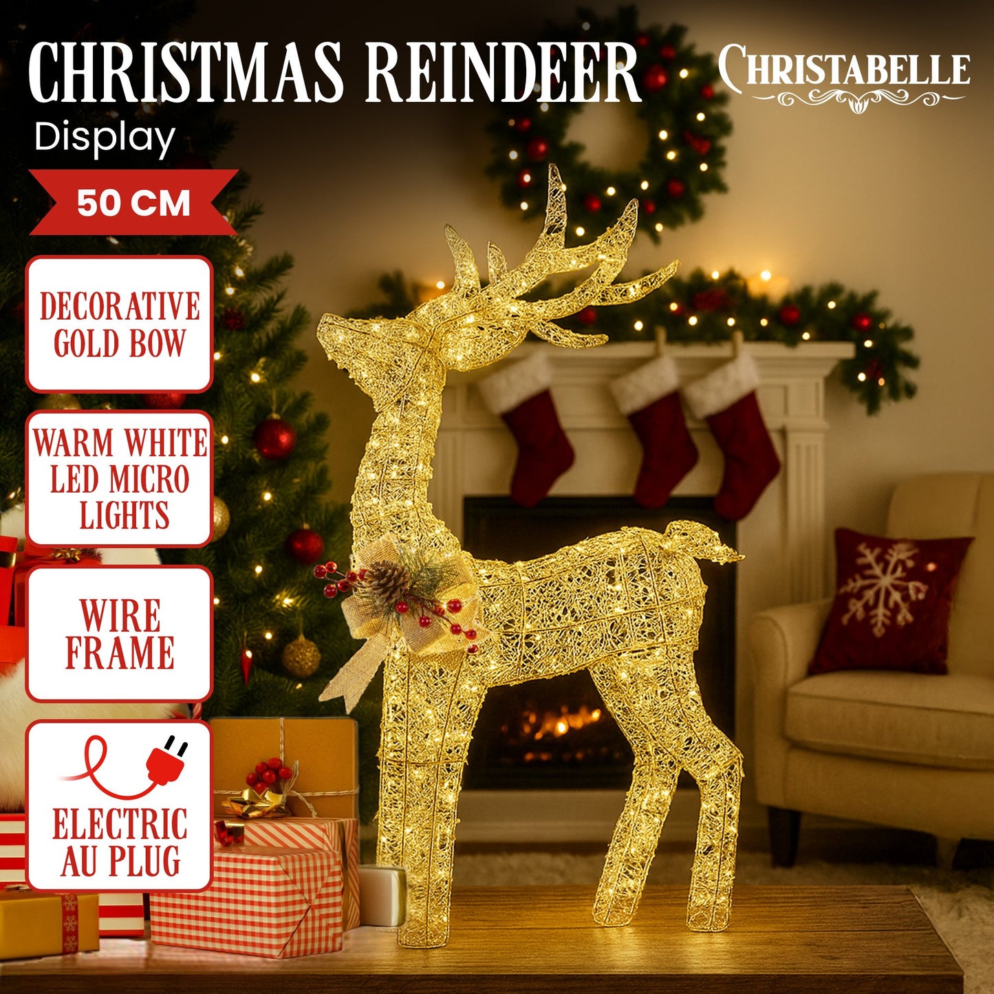 Light Up Christmas Reindeer Display Indoor & Outdoor Decoration Warm White LED Lights Gold Bow Wire Frame
