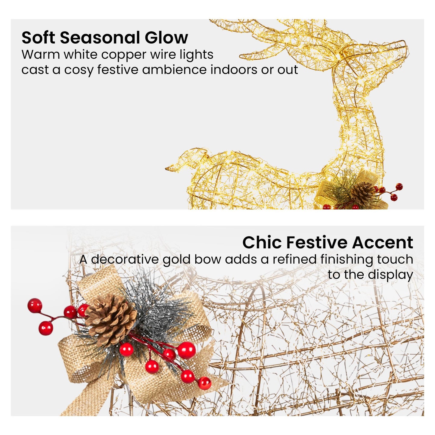 Light Up Christmas Reindeer Display Indoor & Outdoor Decoration Warm White LED Lights Gold Bow Wire Frame