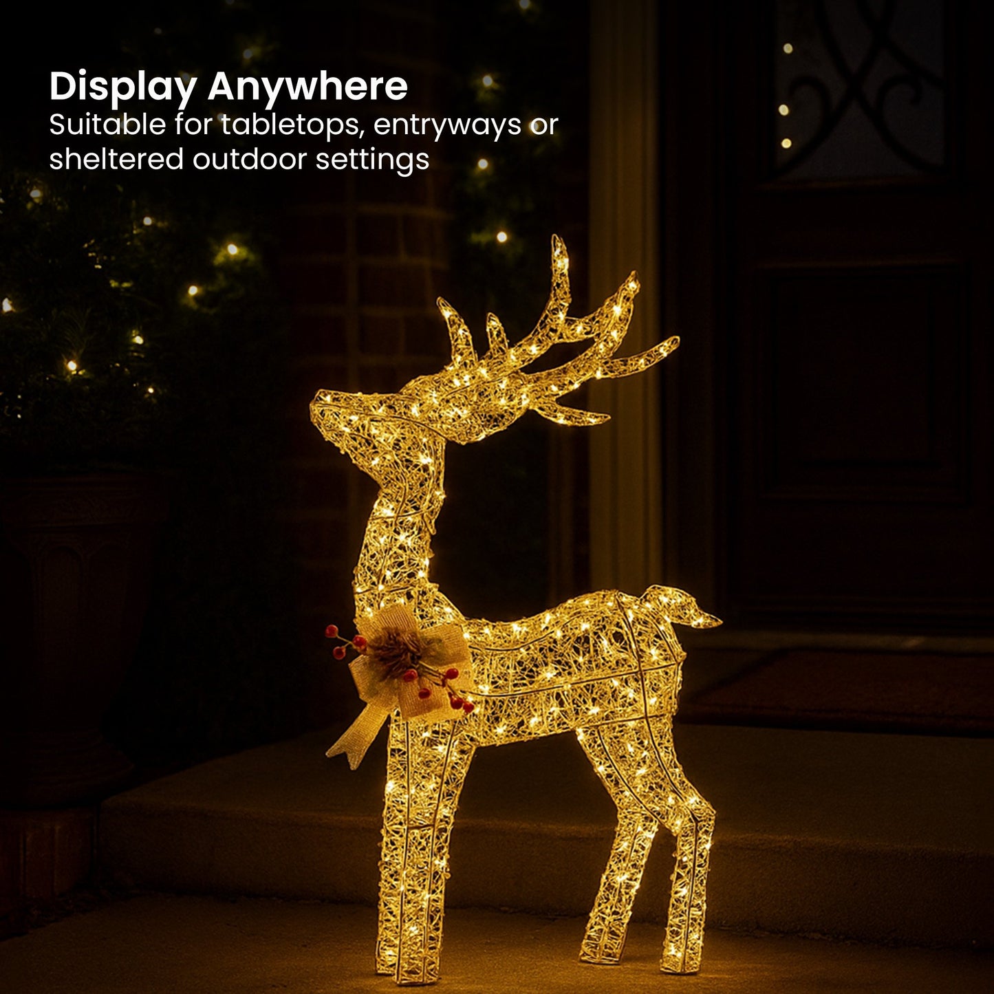 Light Up Christmas Reindeer Display Indoor & Outdoor Decoration Warm White LED Lights Gold Bow Wire Frame