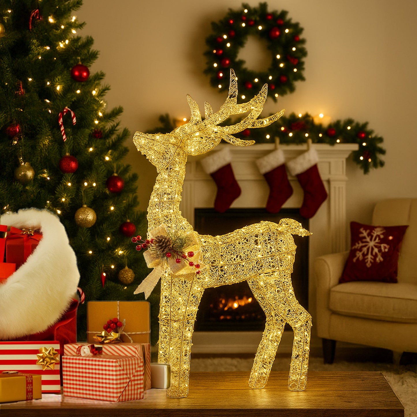 Light Up Christmas Reindeer Display Indoor & Outdoor Decoration Warm White LED Lights Gold Bow Wire Frame
