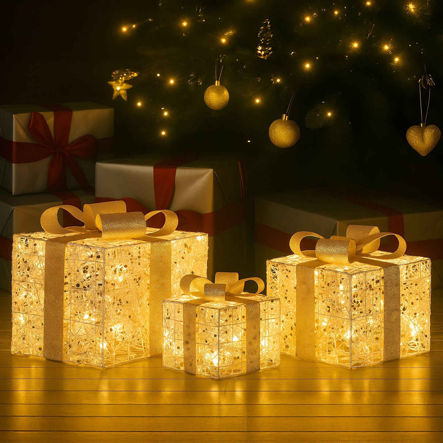 Set of 3 Battery Operated Golden Christmas Gift Boxes w/Warm White LED Lights Indoor Decorative Holiday