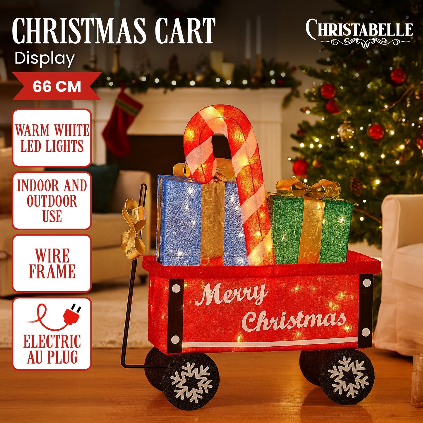 Christmas Cart Display w/Candy Cane & Presents Warm White LED Lights Wire Frame Structure Indoor & Outdoor
