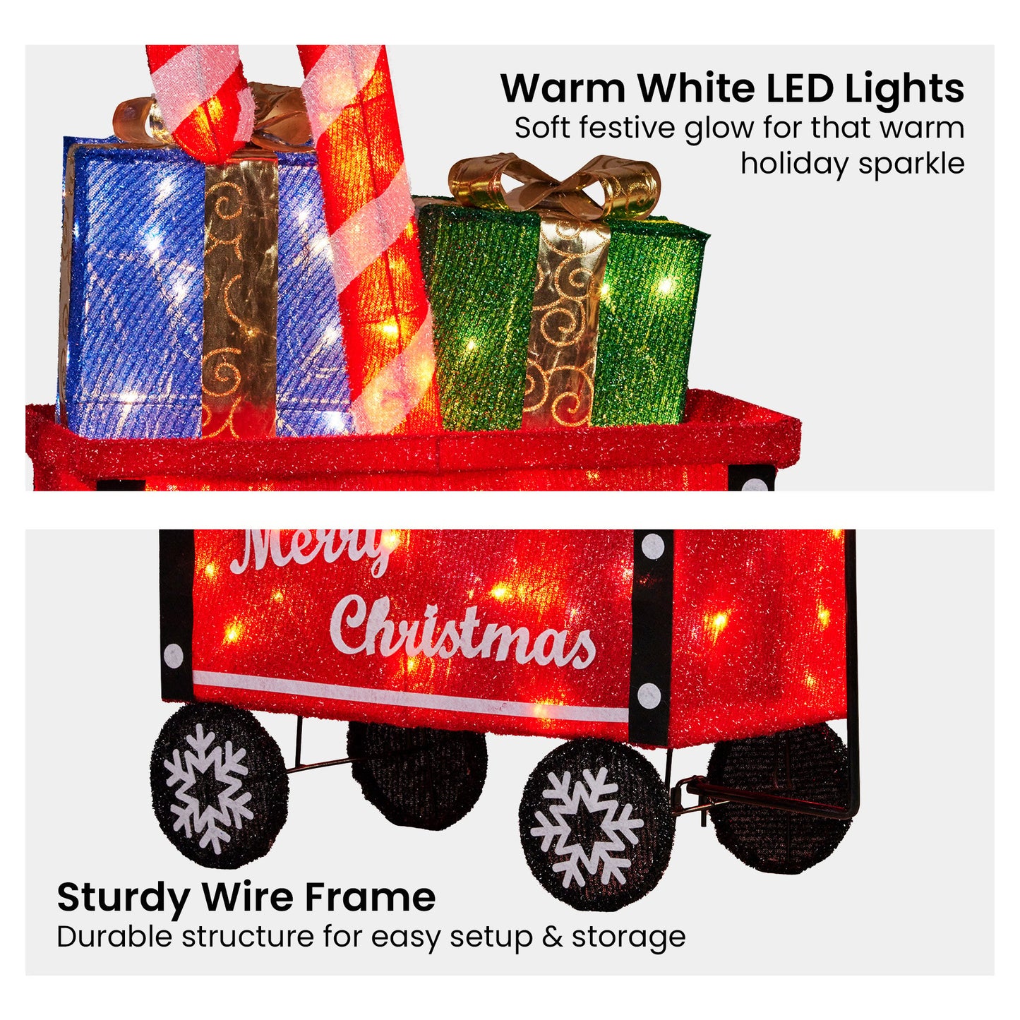 Christmas Cart Display w/Candy Cane & Presents Warm White LED Lights Wire Frame Structure Indoor & Outdoor