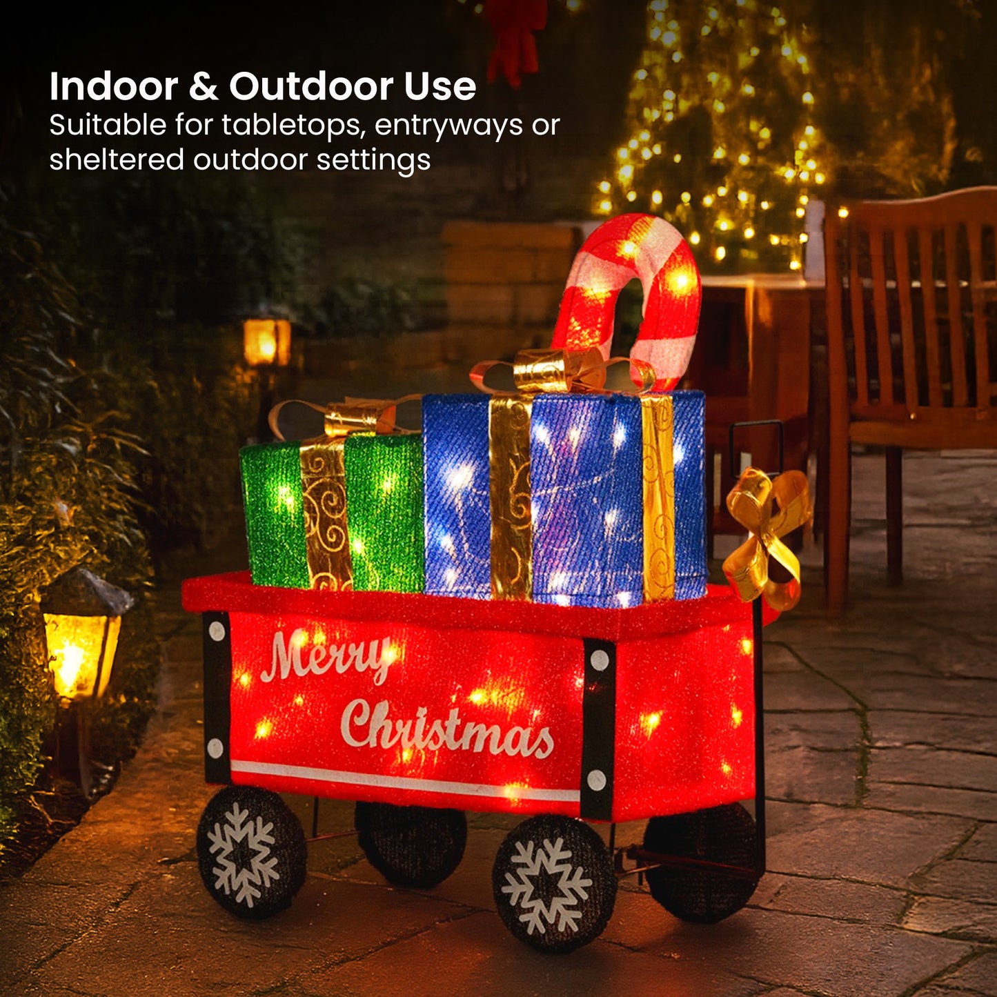 Christmas Cart Display w/Candy Cane & Presents Warm White LED Lights Wire Frame Structure Indoor & Outdoor