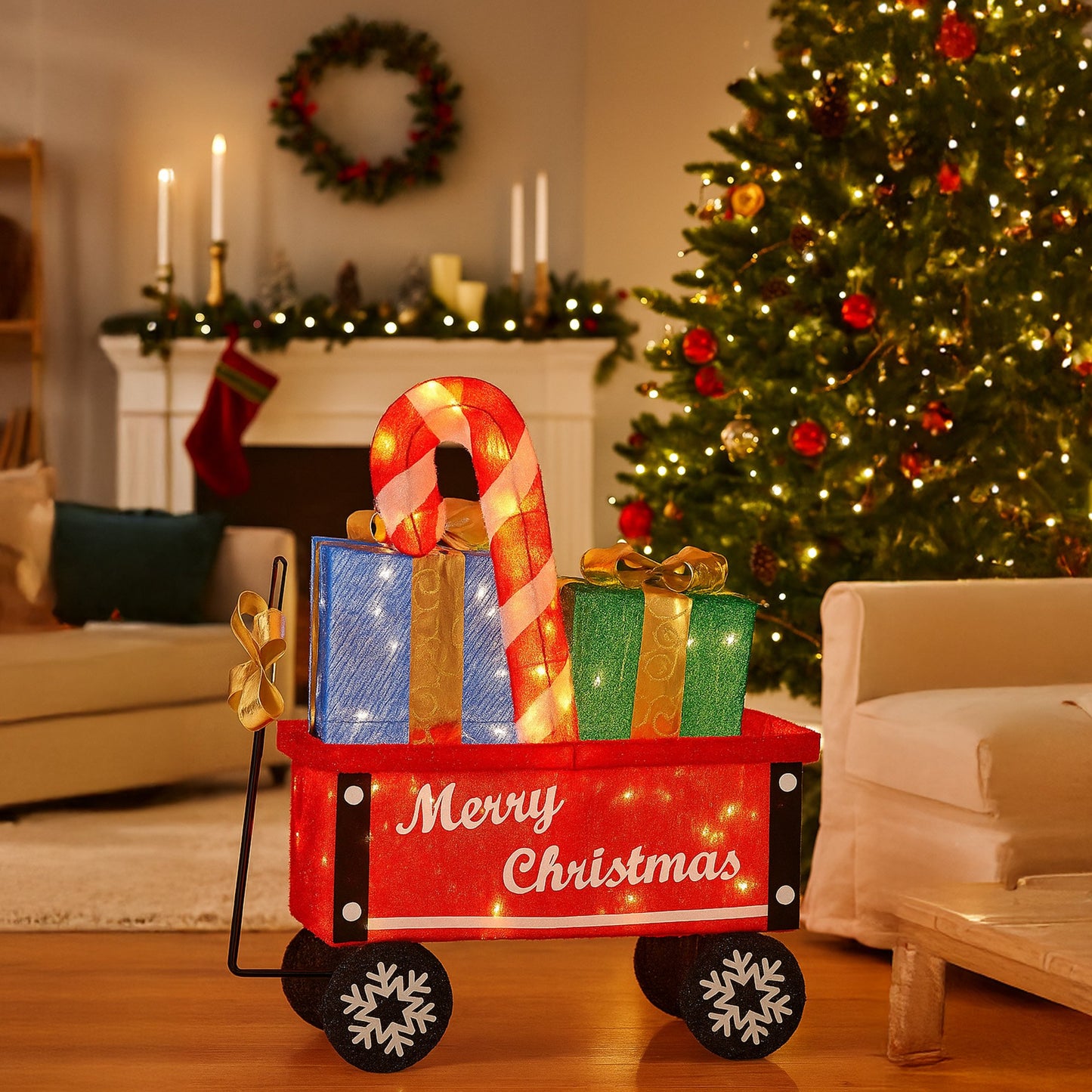 Christmas Cart Display w/Candy Cane & Presents Warm White LED Lights Wire Frame Structure Indoor & Outdoor