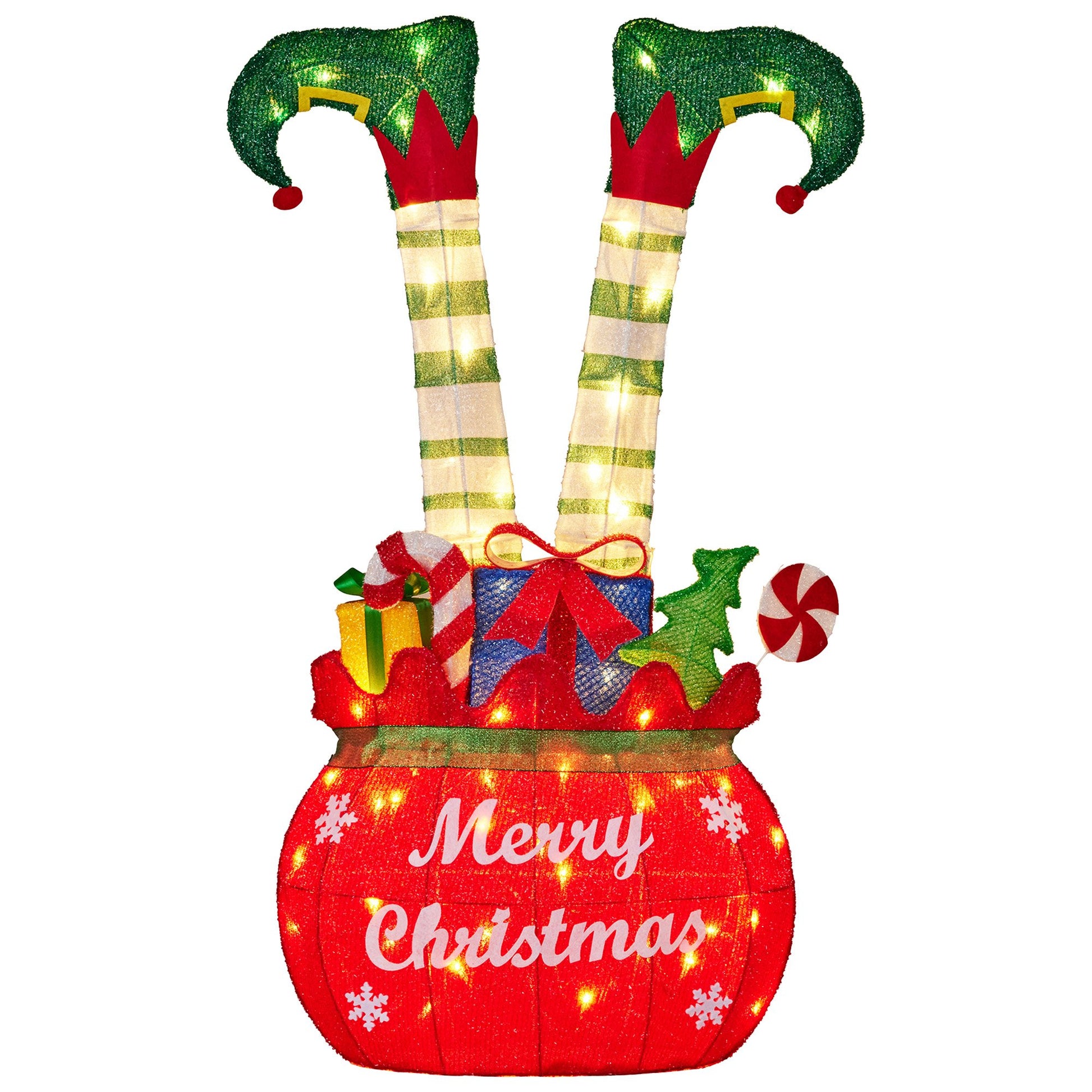 Elf in Gift Sack Christmas Display Warm White LED Lights 86cm for Decoration w/Wire Frame Construction