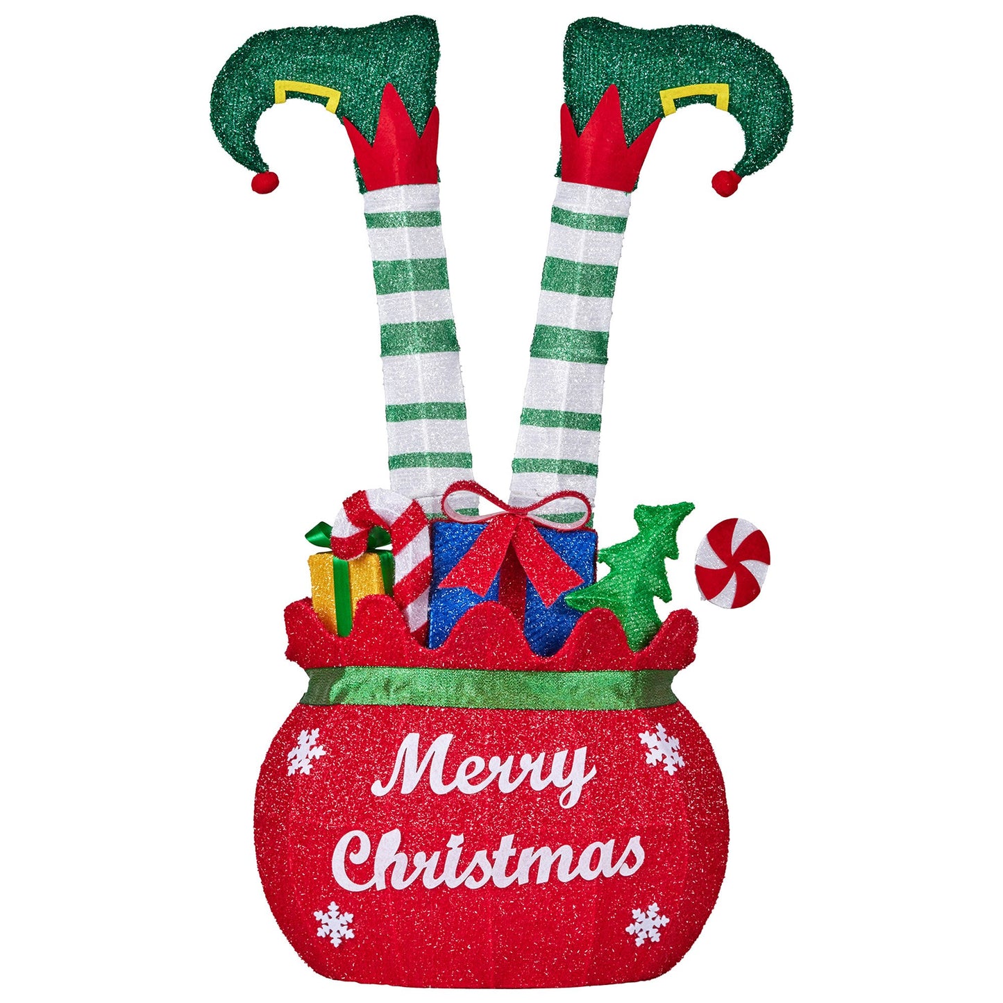 Elf in Gift Sack Christmas Display Warm White LED Lights 86cm for Decoration w/Wire Frame Construction