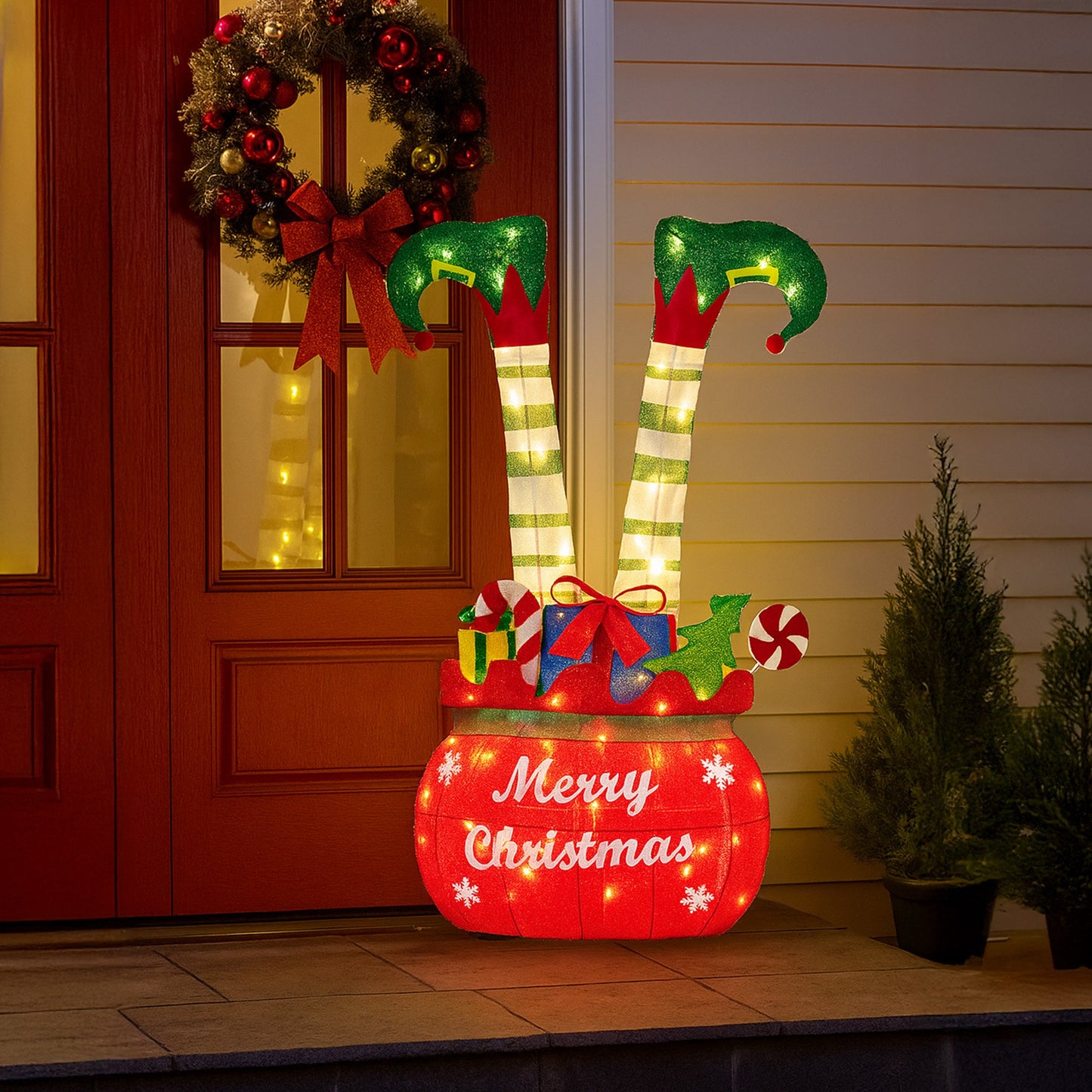 Elf in Gift Sack Christmas Display Warm White LED Lights 86cm for Decoration w/Wire Frame Construction