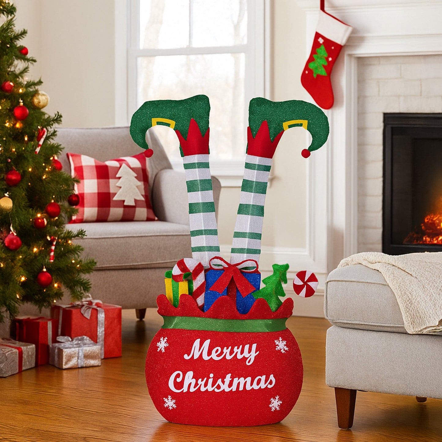 Elf in Gift Sack Christmas Display Warm White LED Lights 86cm for Decoration w/Wire Frame Construction