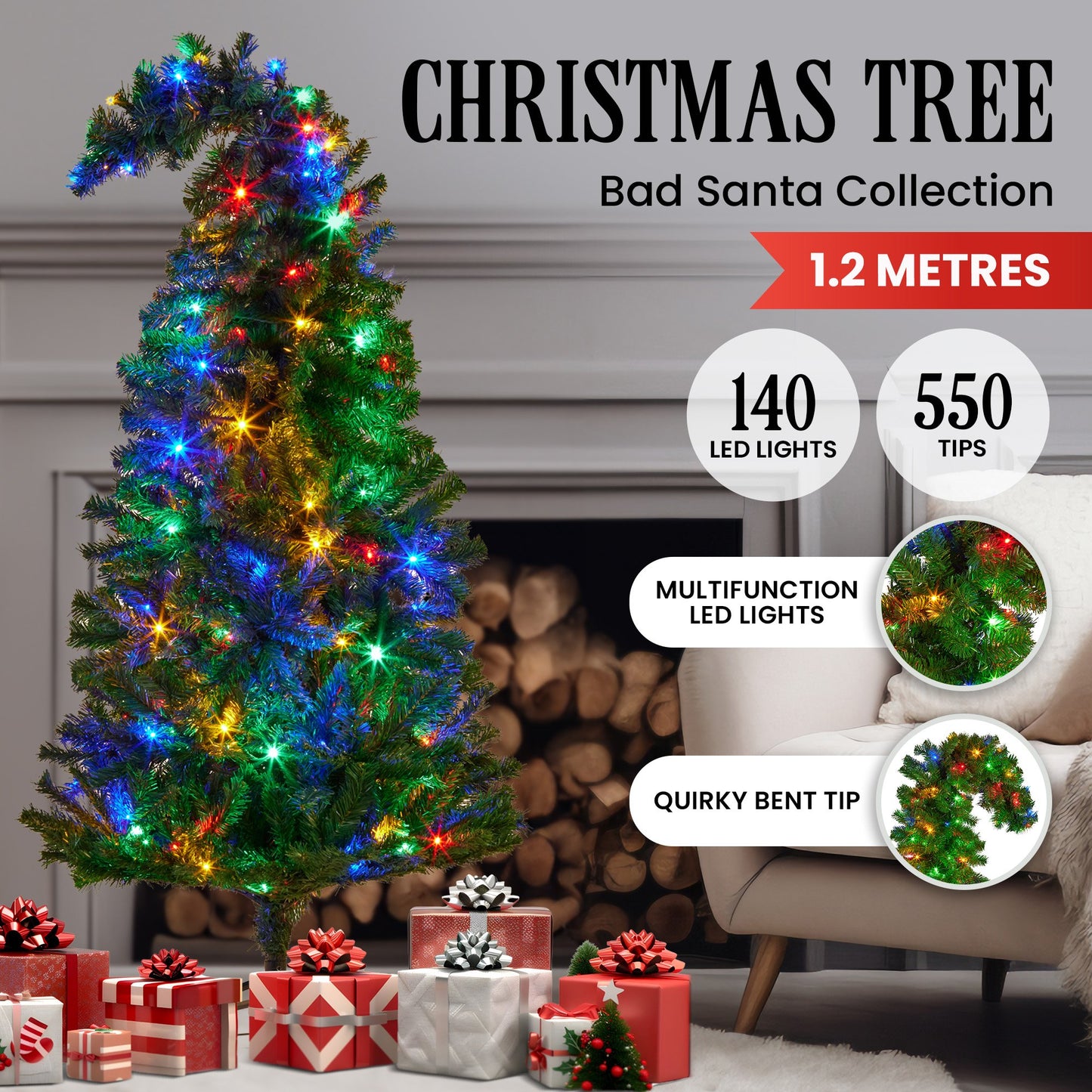 Bad Santa 1.2m Curved Multicolour Pre-Lit Christmas Tree with 550 Tips