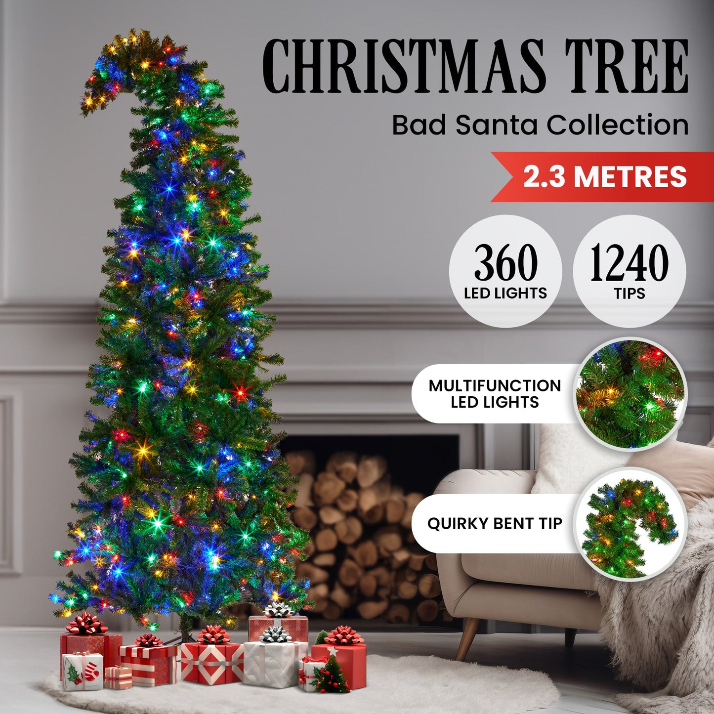 Bad Santa 2.3m Curved Multicolour Pre-Lit Christmas Tree with 1240 Tips