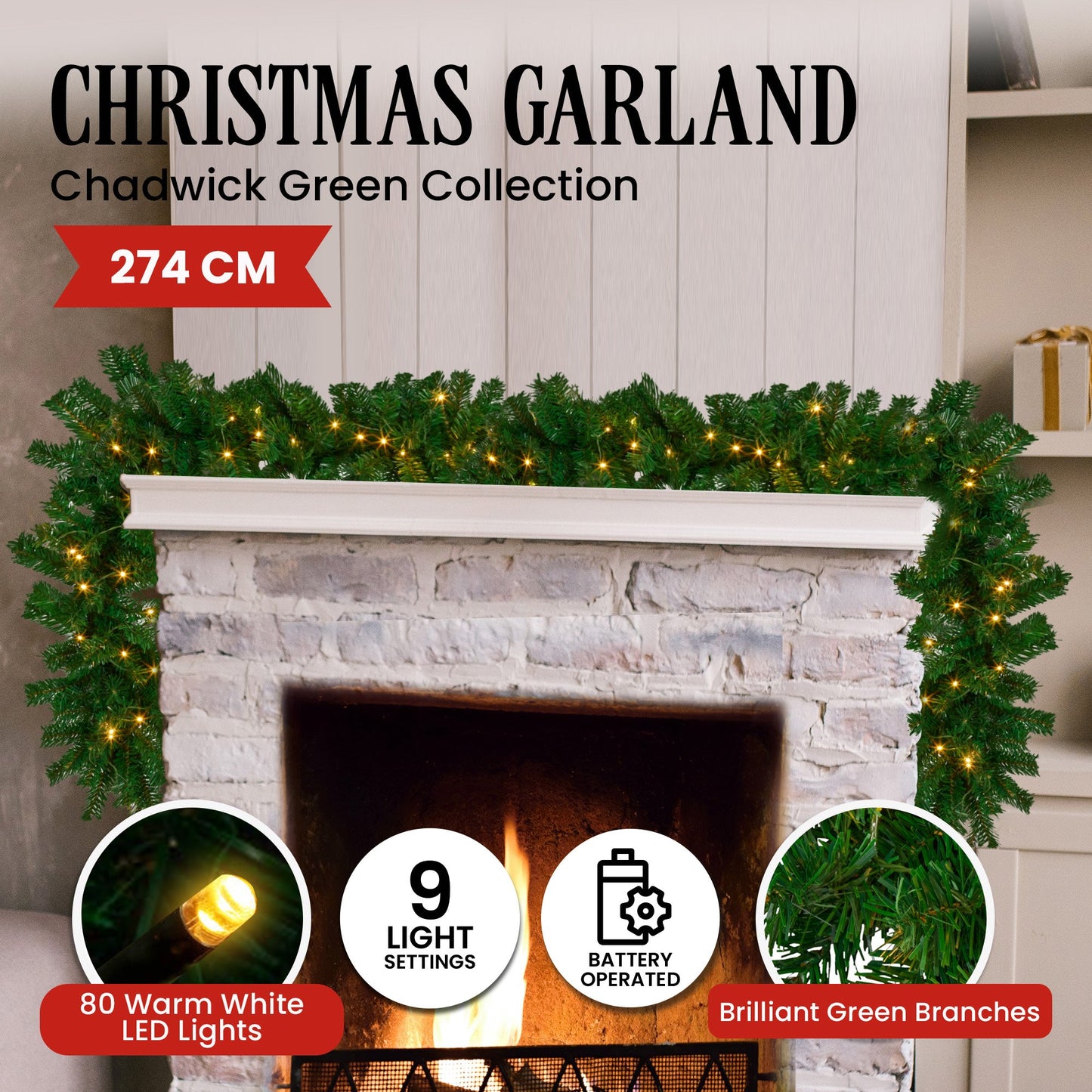 274cm Chadwick Green Pre-Lit Christmas Garland