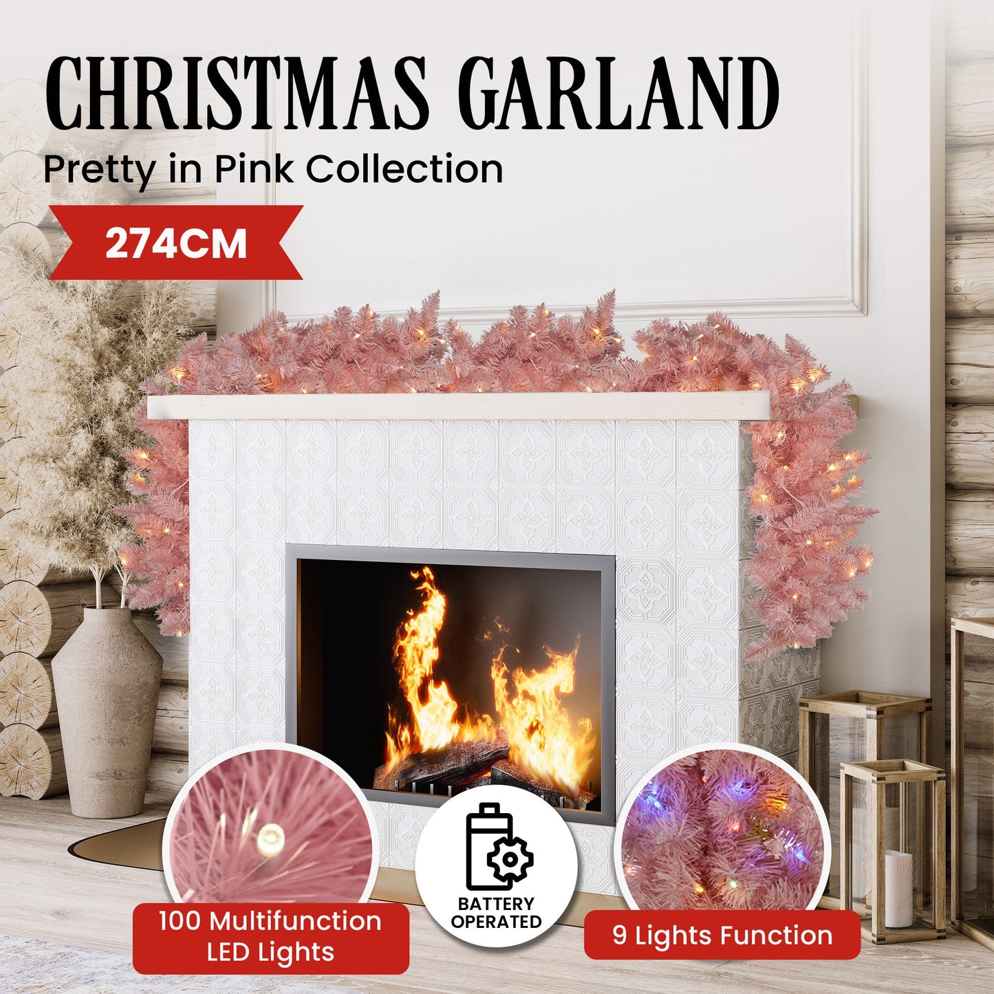 274cm Pretty In Pink Christmas Garland With Led Lights
