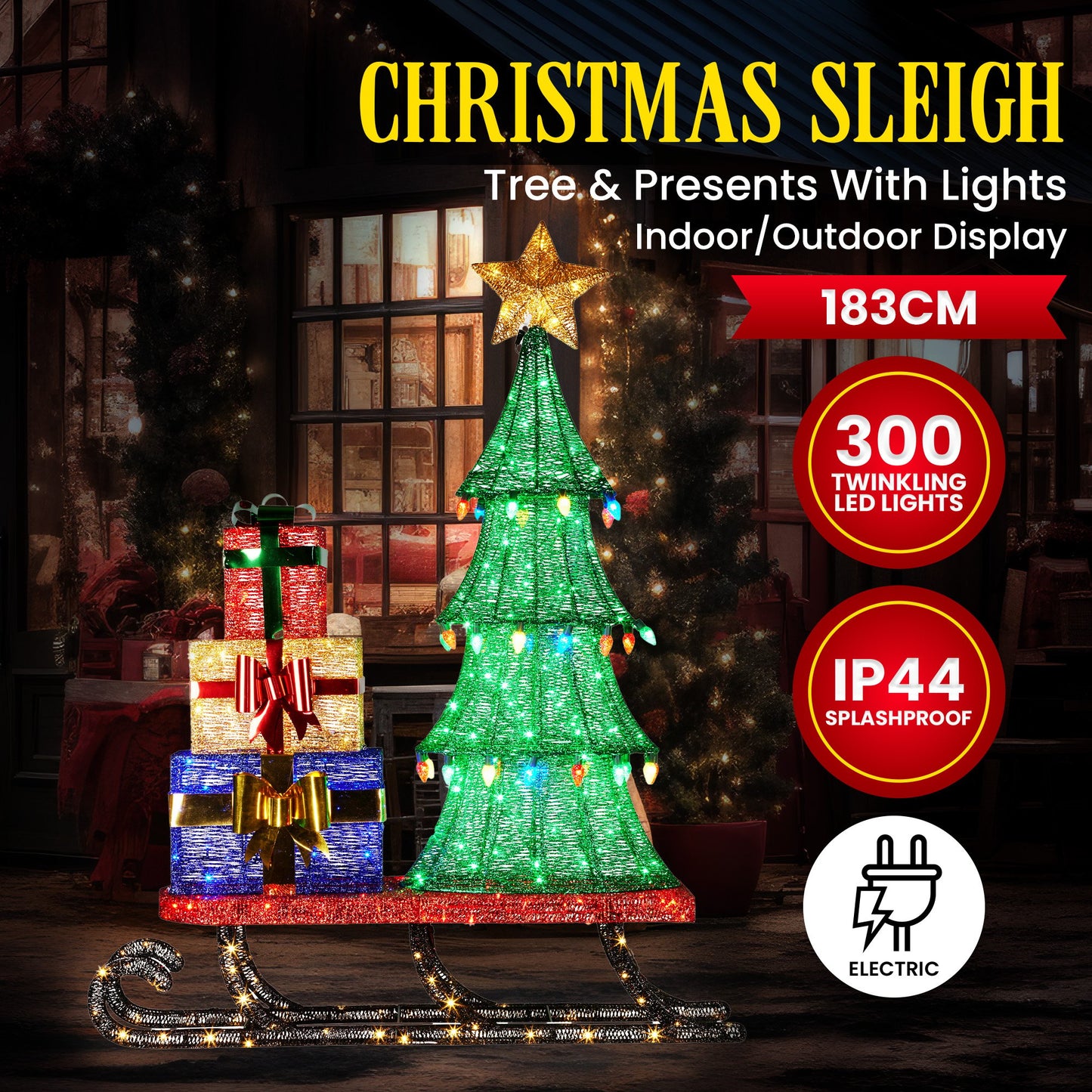 Christmas Display Sled 183cm With Tree And Presents Led Lights & C9 Bulbs