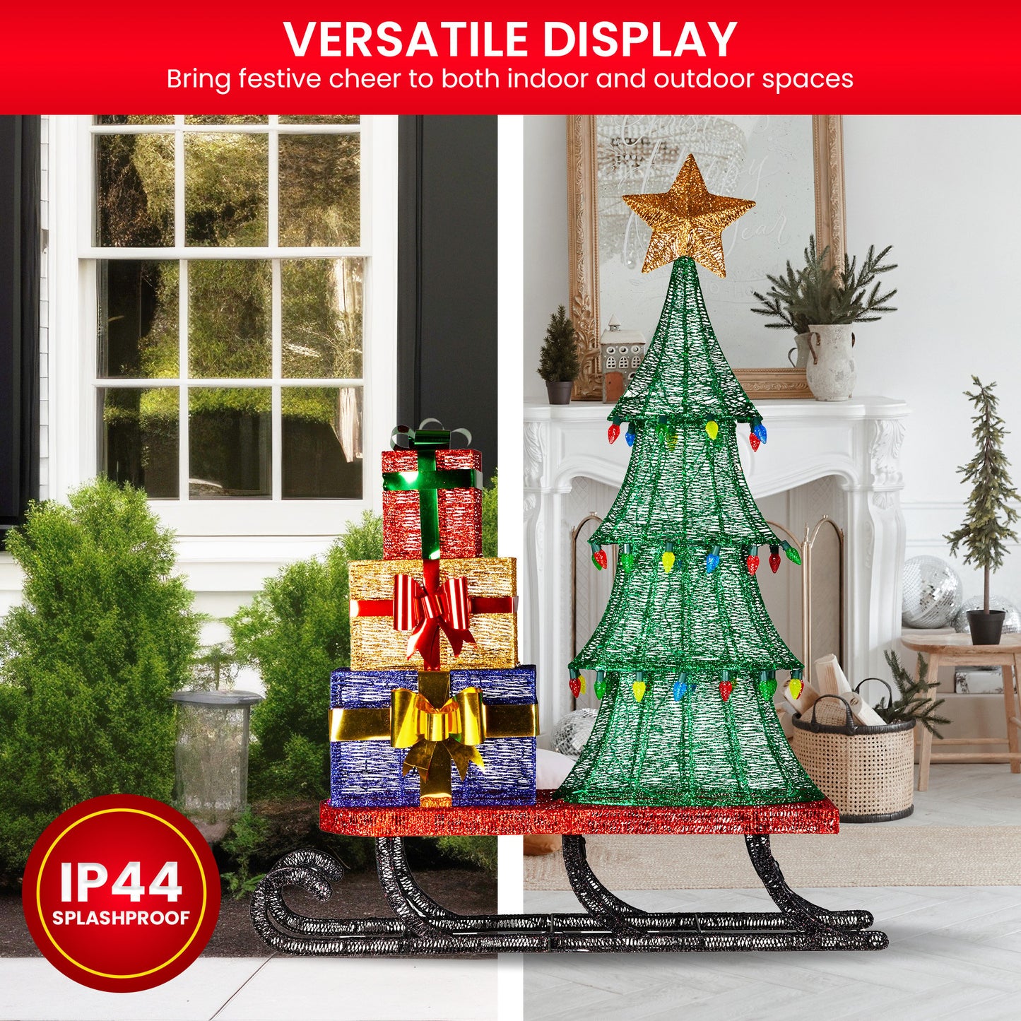 Christmas Display Sled 183cm With Tree And Presents Led Lights & C9 Bulbs