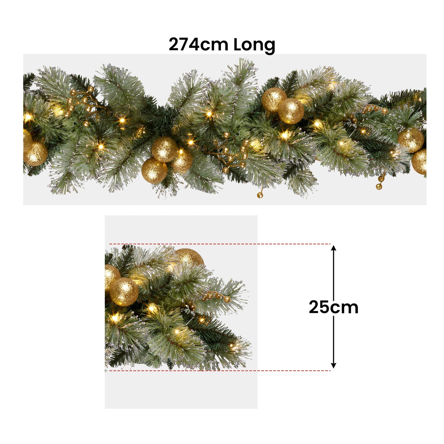 274cm Pre-lit Christmas Garland Gold Baubles Aa Battery Led Lights