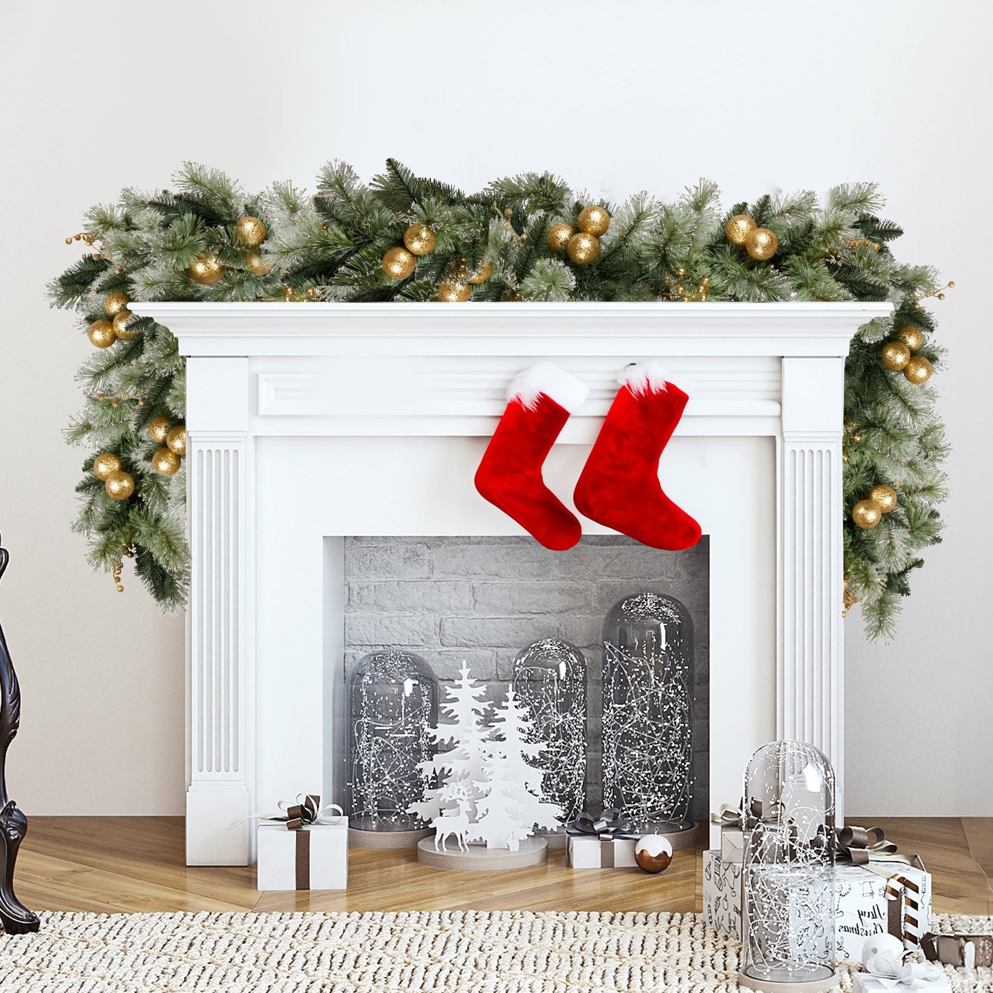 274cm Pre-lit Christmas Garland Gold Baubles Aa Battery Led Lights