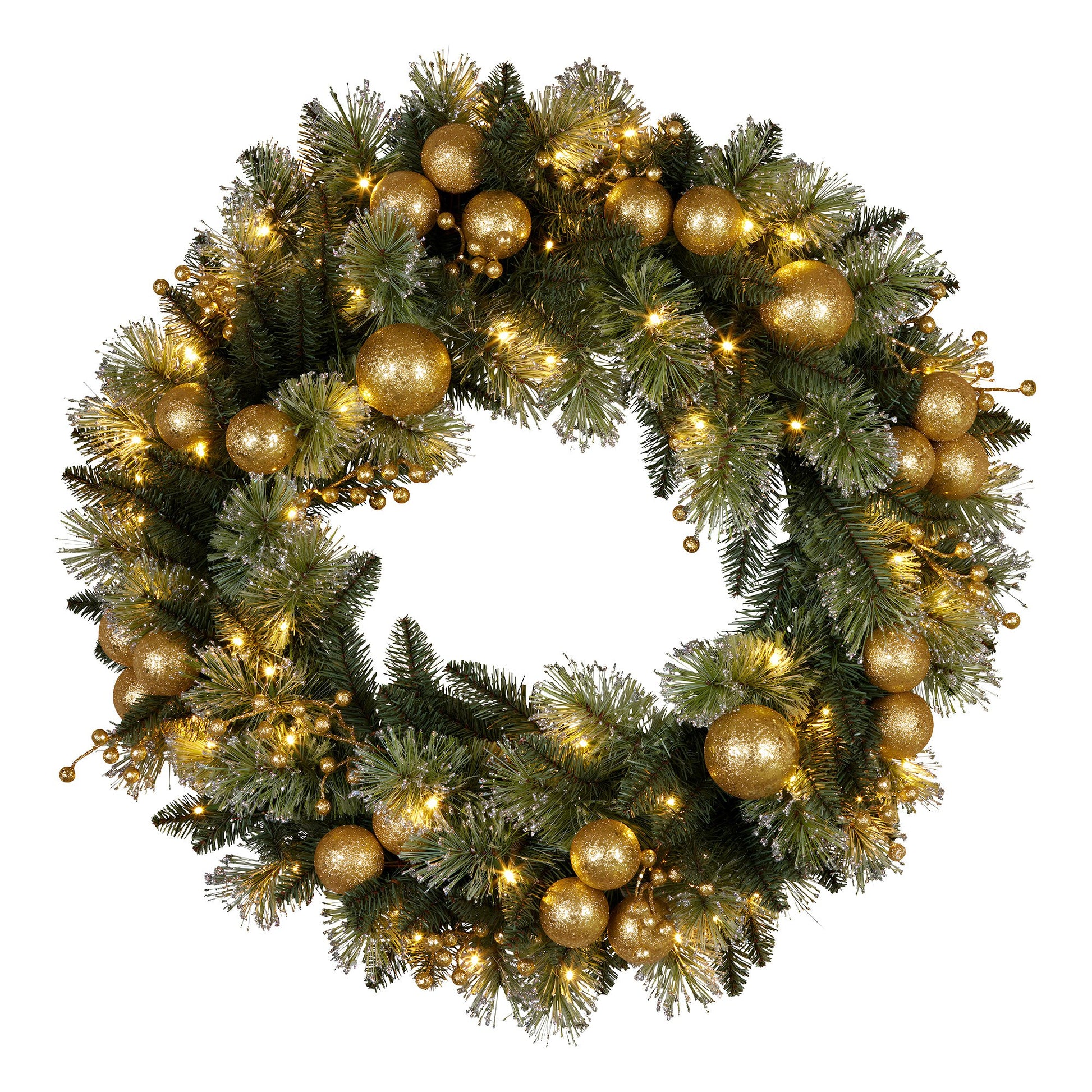 61cm Christmas Wreath Battery-operated Warm White Light Gold Bauble