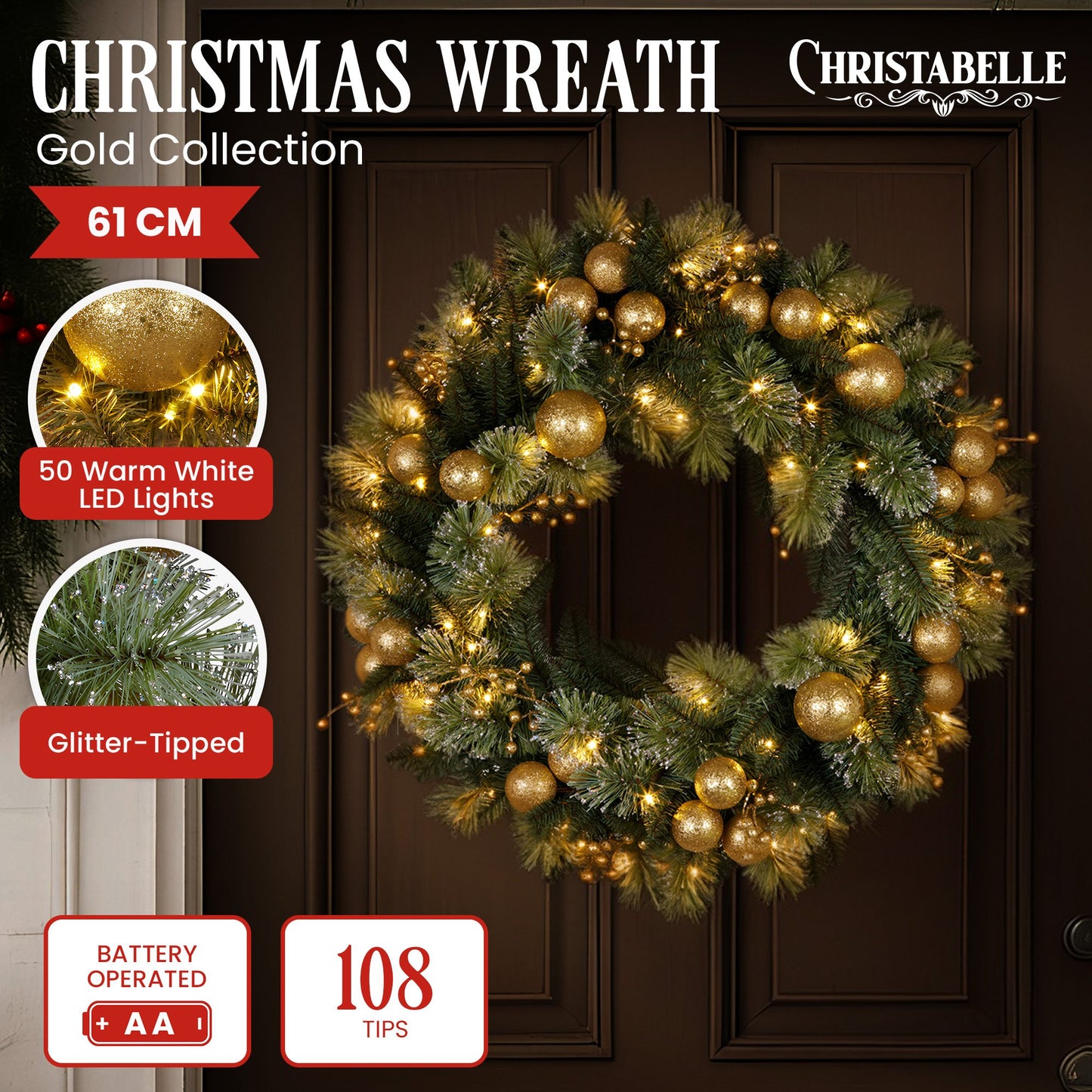 61cm Christmas Wreath Battery-operated Warm White Light Gold Bauble
