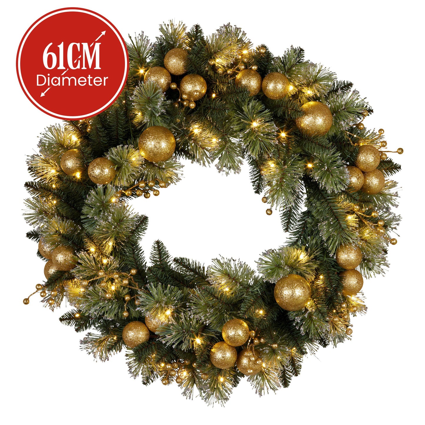61cm Christmas Wreath Battery-operated Warm White Light Gold Bauble
