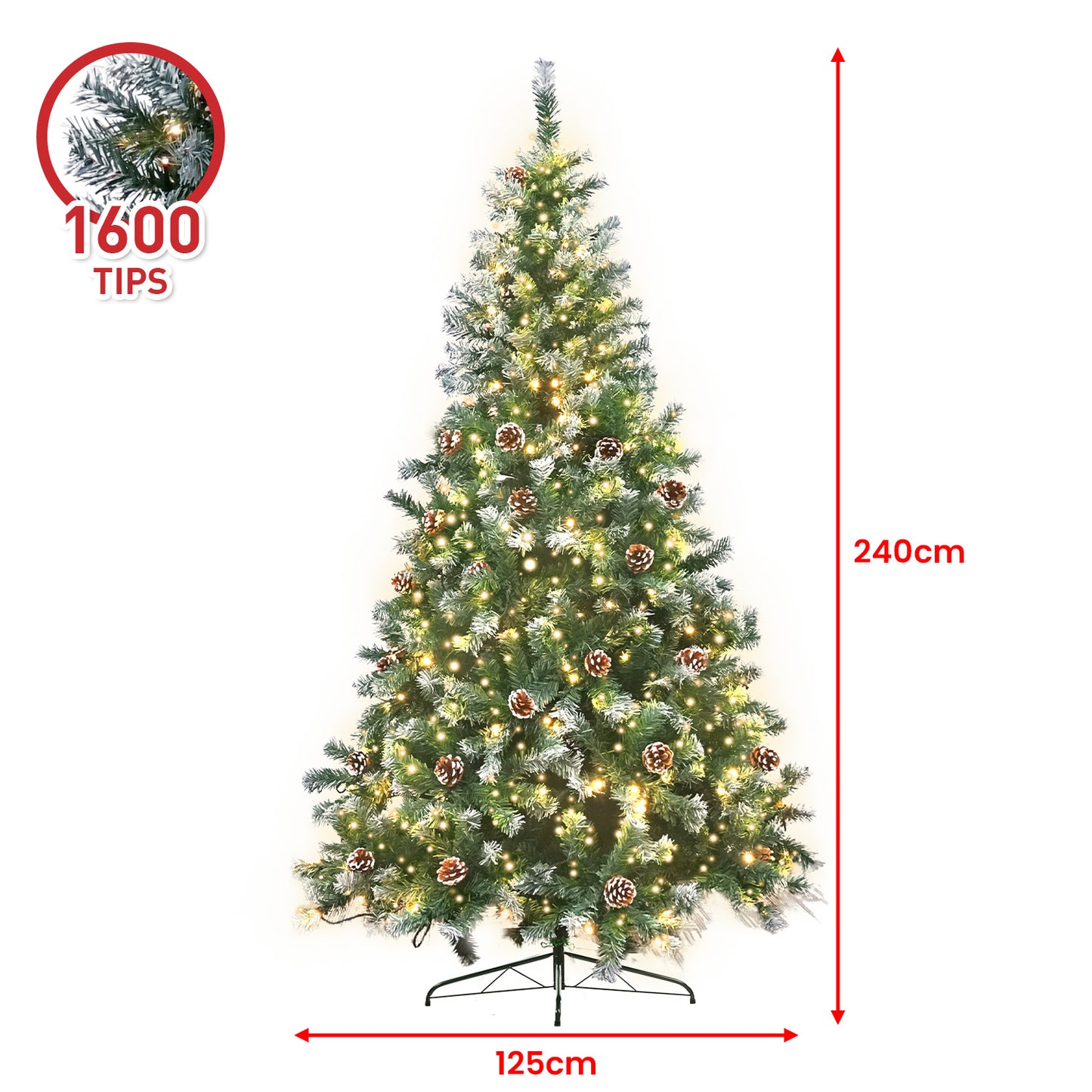 2.4m Pre Lit LED Christmas Tree Decor with Pine Cones Xmas Decorations