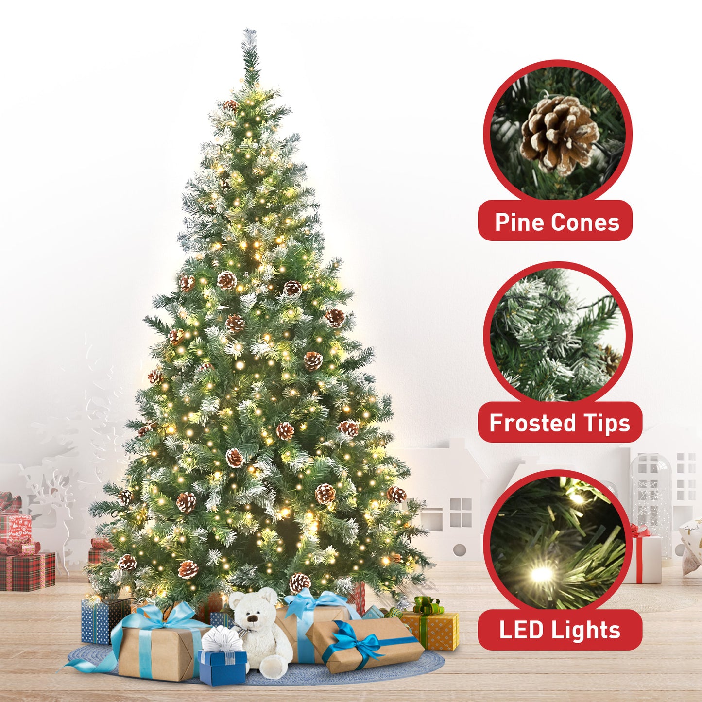 2.4m Pre Lit LED Christmas Tree Decor with Pine Cones Xmas Decorations