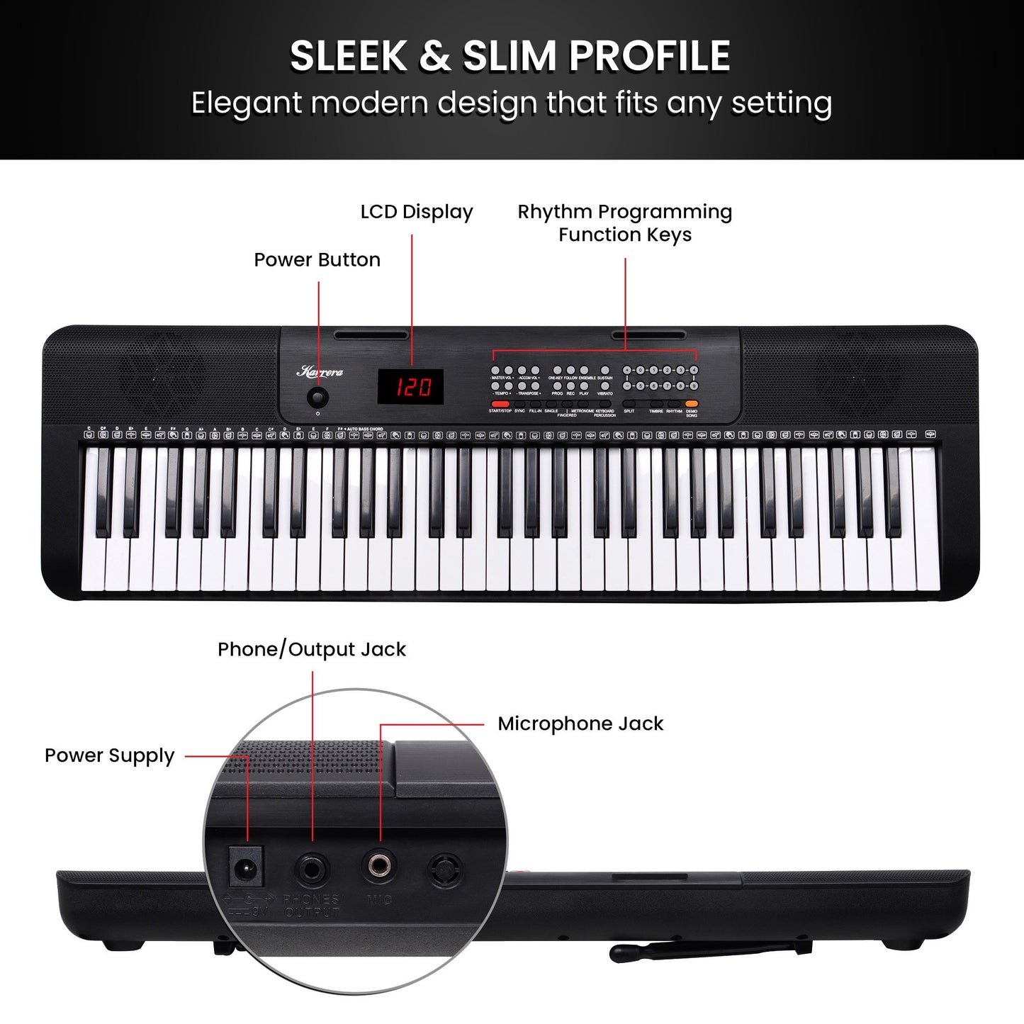 Karrera 61-Key Electronic Piano Keyboard with LED and Folding Stand in Black CHJ-SD1