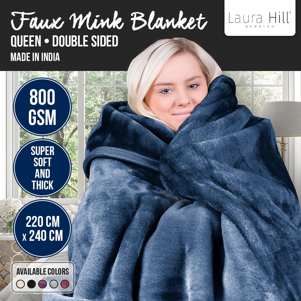 Laura Hill 800-gsm Faux Mink Throw Rug Blanket Queen Size Double-sided Large 220 X 240cm Heavy - Blue