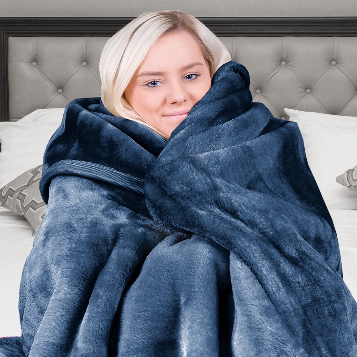Laura Hill 800-gsm Faux Mink Throw Rug Blanket Queen Size Double-sided Large 220 X 240cm Heavy - Blue