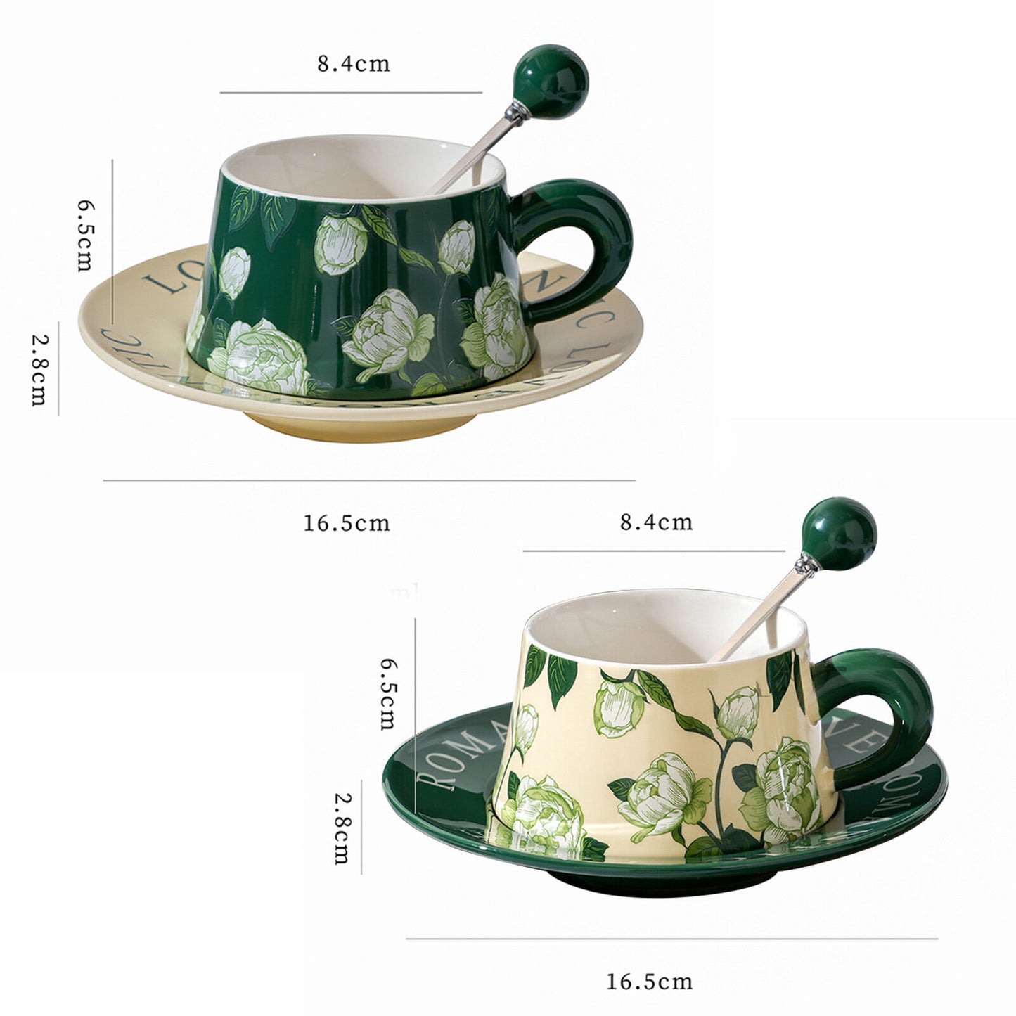 2X High-Fired Ceramic Porcelain Cup & Saucer Set 300ml Vintage Floral Tea Spoon GREEN