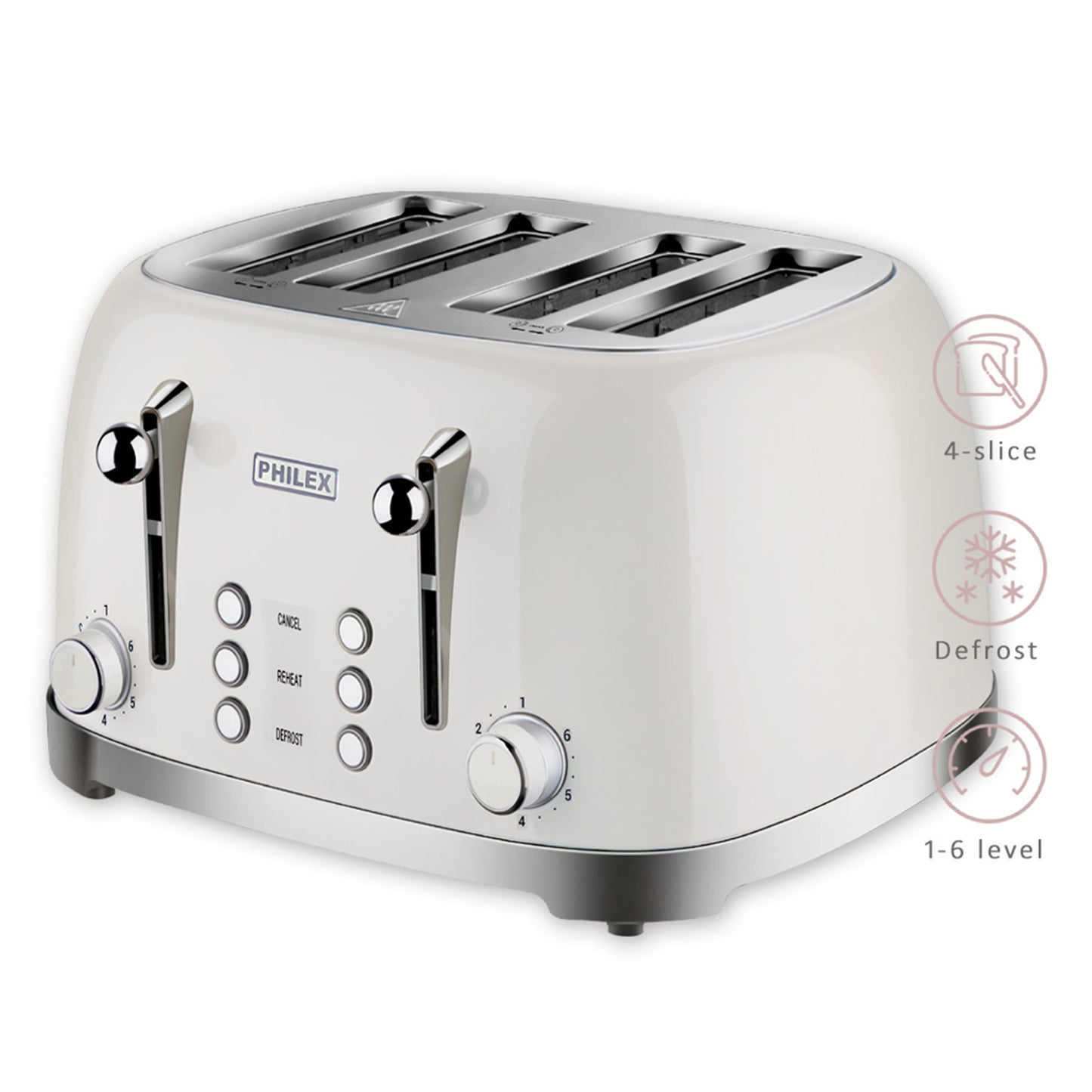 PHILEX 4-Slice Electric Toaster Bread Reheat Defrost Retro Retro IVORY