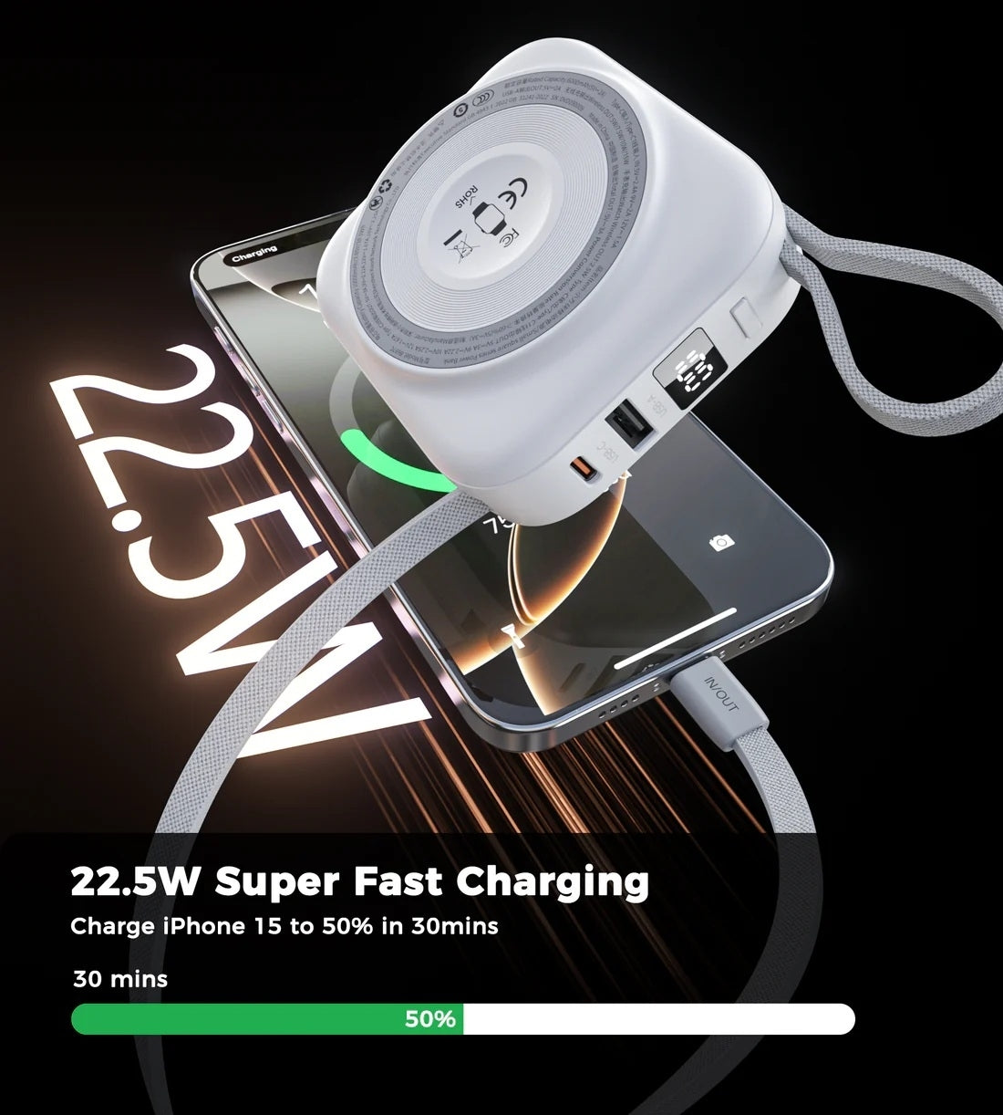 B697C-WH 10000mAh LED display 22.5W power bank for Mobile and Apple watch/Airpods CCC Certified
