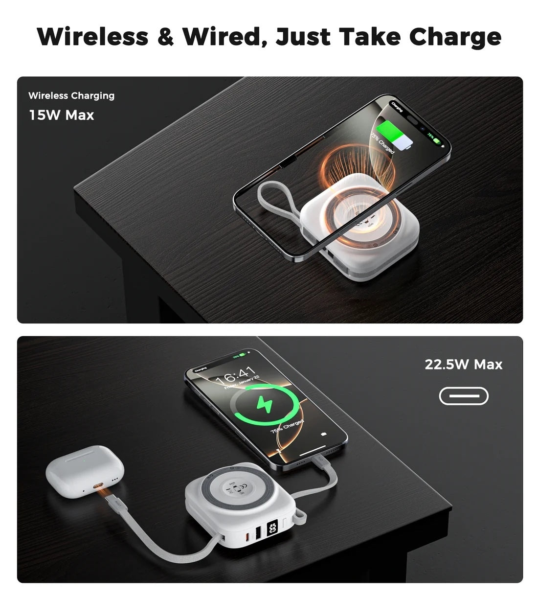B697C-WH 10000mAh LED display 22.5W power bank for Mobile and Apple watch/Airpods CCC Certified
