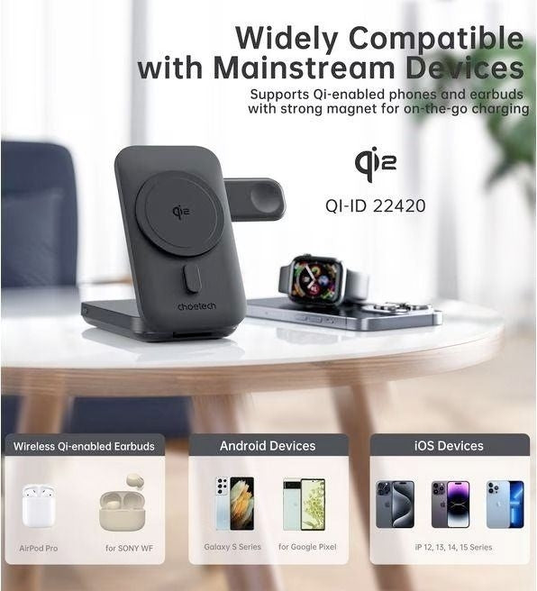 CHOETECH B750 Qi2 Certified 3-in-1 magnetic charger Stand with 10000mAh battery