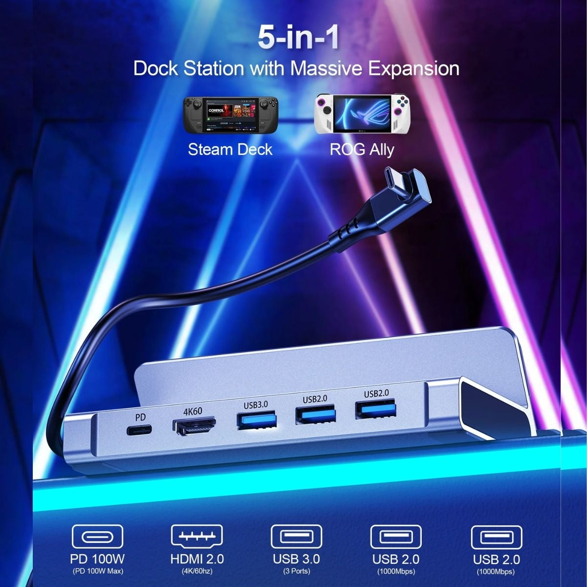 CHOETECH HUB-M77-GY PD100W 5-in-1 USB-C PD+HDMI+USB 3.0A/F+USB2.0 Steam Deck Docking Station