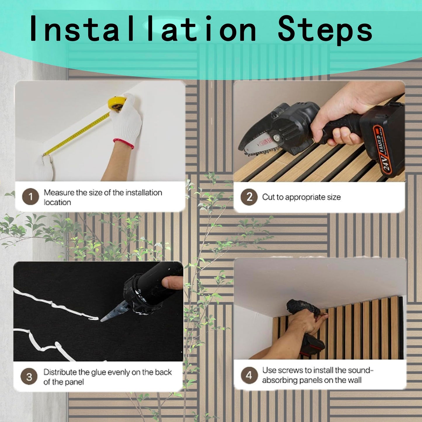 4 Pcs 60cm x 60cm Wall Panel Wood Slat Acoustic Panels Sound Absorbing Proof Panel for Wall Ceiling Decorative Black