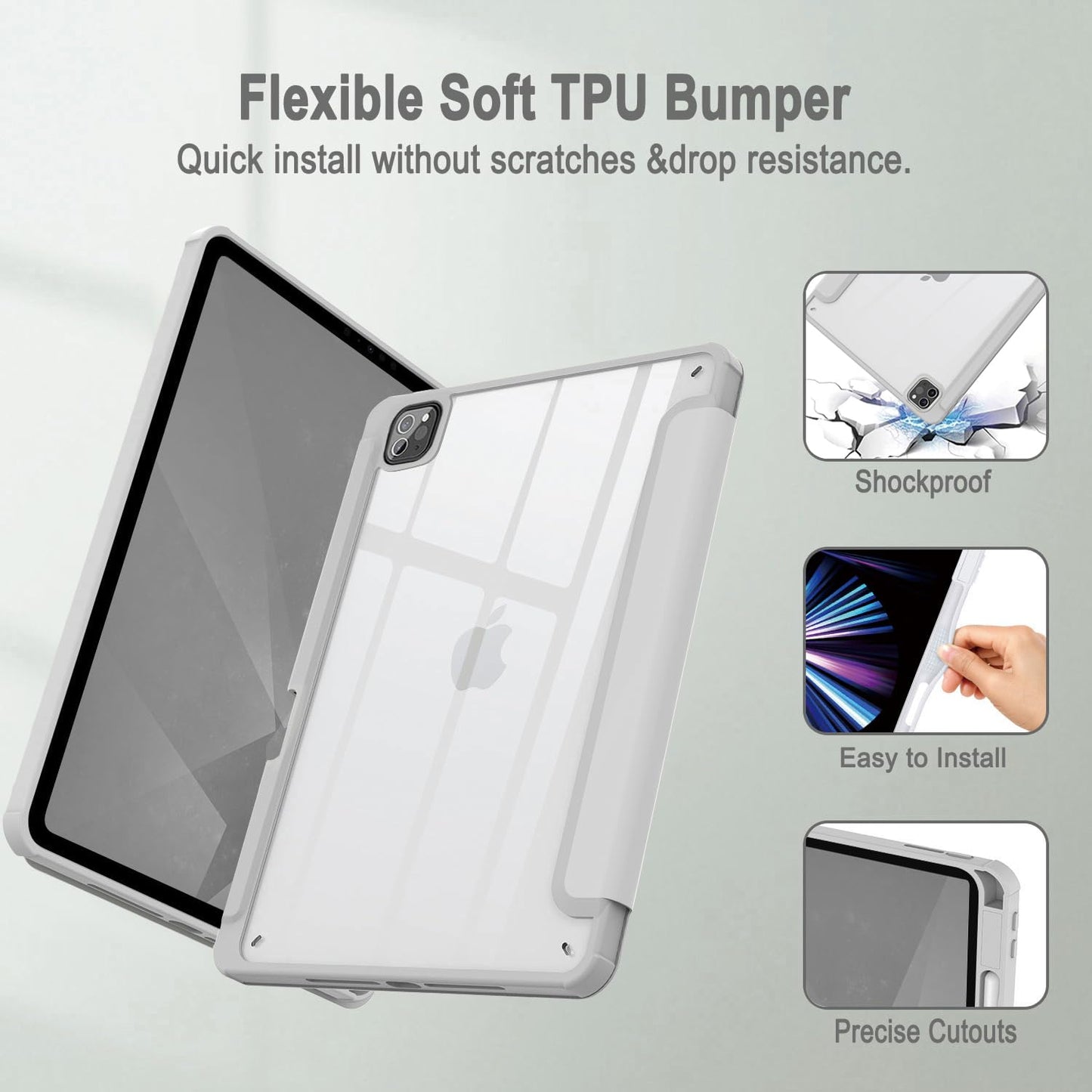 iPad Pro 11 Inch 2020-2022 Soft Tpu Smart Premium Case Auto Sleep Wake Stand Clear Cover Pencil holder Grey