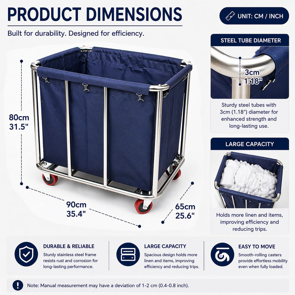 Commercial Laundry Trolley 90x65x80cm Large Capacity Linen Cart with 2 Swivel & 2 Fixed Wheels Navy