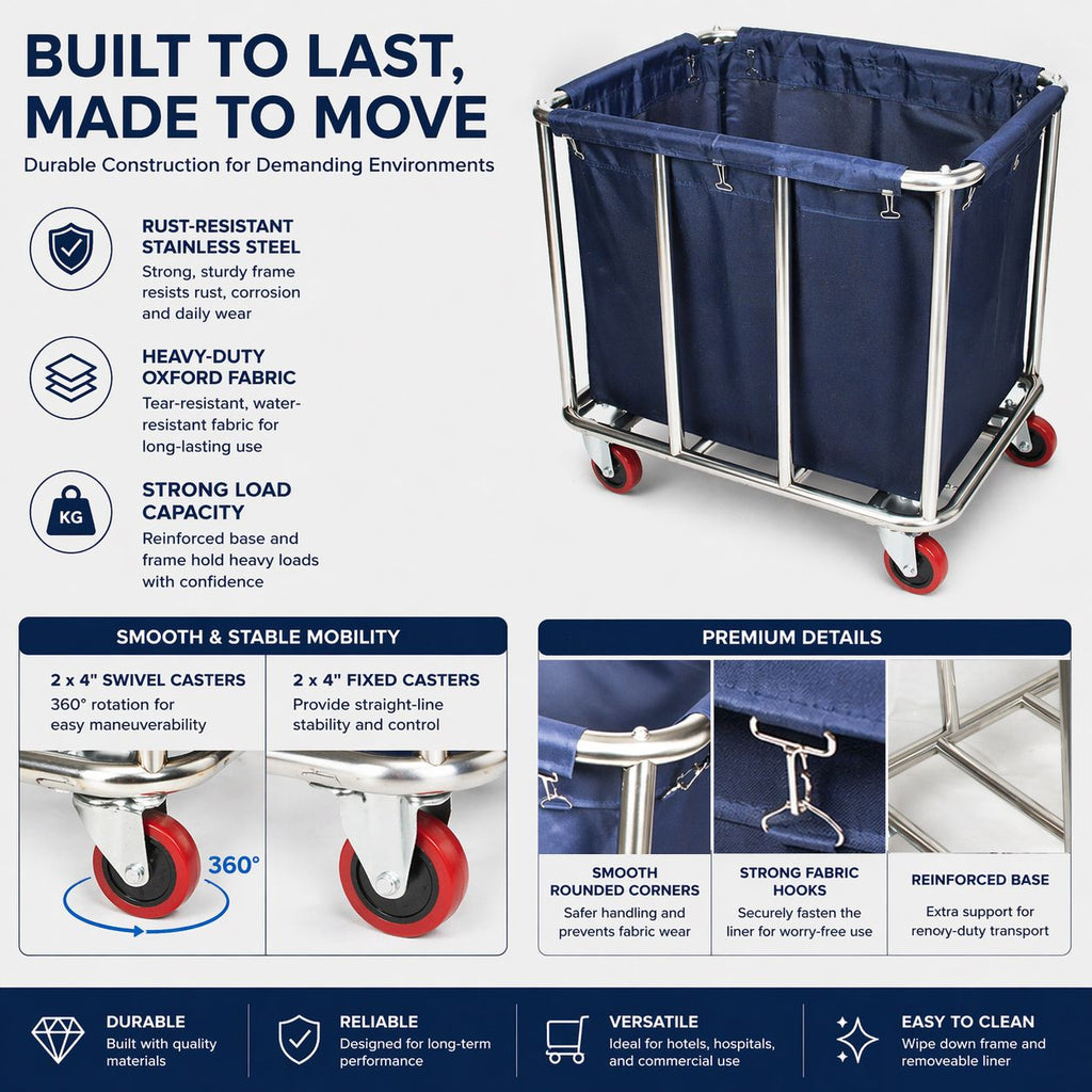 Commercial Laundry Trolley 90x65x80cm Large Capacity Linen Cart with 2 Swivel & 2 Fixed Wheels Navy