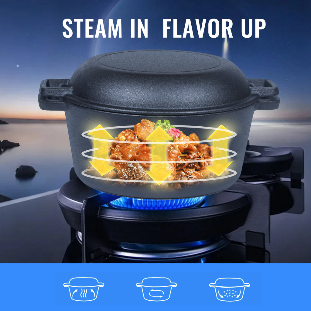 26cm 2-in-1 Cast Iron Dutch Oven & Skillet Set  Pre-Seasoned Dual-Use Pot with Lid Fry Pan, Durable & Versatile Cookware