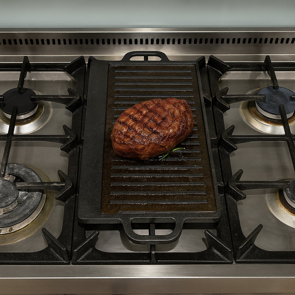 50 cm Reversible Cast Iron Grill & Griddle -Dual-Sided (Flat & Ribbed), Pre-Seasoned, Handles, for Stove-Top & Outdoor Use