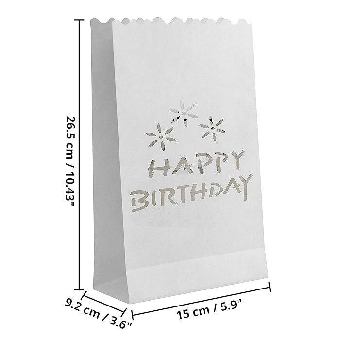 20 Pack White Happy Birthday Luminary Paper Candle Tea Light Lantern Bags Garden Anniversary Birthday Night Decorations Evening Party