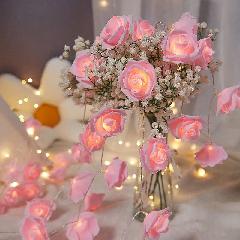 50 Pink Rose 3D Fairy Lights 5M LONG String, Battery (AA) Indoor & Outdoor Decorations Wedding Valentines Romantic Room Table Lighting