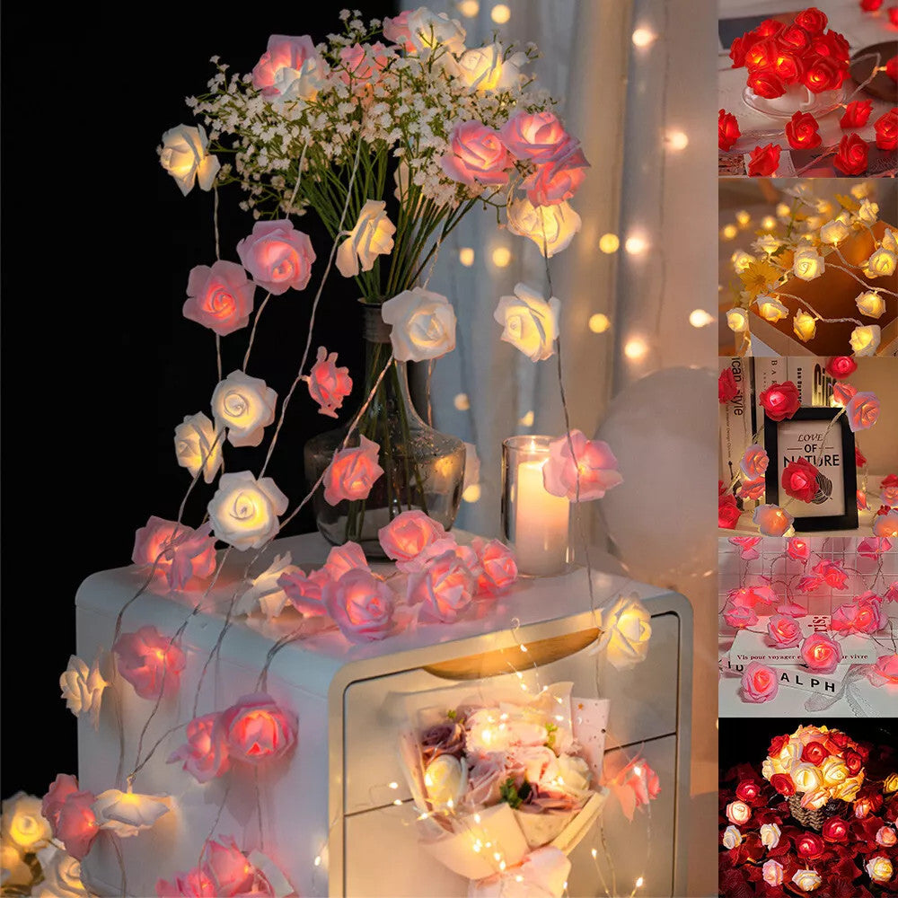 50 Pink n White Rose 3D Fairy Lights 5M LONG String, Battery (AA) Indoor & Outdoor Decorations Wedding Valentines Romantic Room Table Lighting