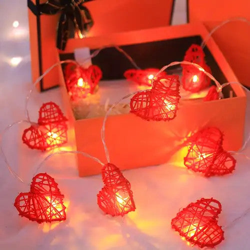 20 Red 3D Hollowed Rattan Heart-Shaped 3M String Fairy Lights, Battery (AA) Indoor & Outdoor Decorations Wedding Valentines Romantic Room Table Lighting